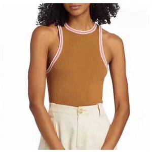 A.L.C. Milo Camel Ribbed Knit Racerback Tank Top with Pink Trim - Size Small